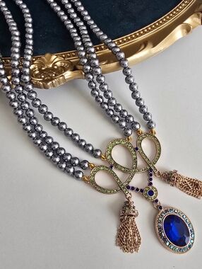 Triple-Strand Grey Pearl Necklace with Green & Blue Crystal Pendant